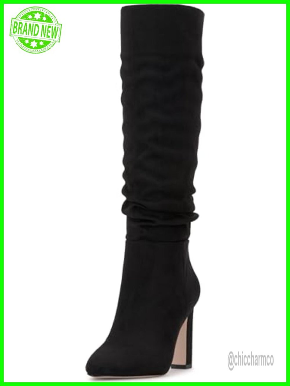 Knee High Slouch Boots Almond Toe Block Heel Faux Suede Pull-On